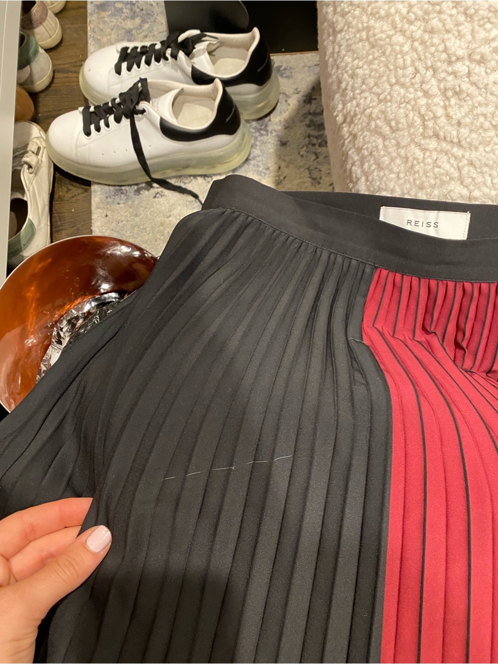 REISS Colorblock Pleated Midi Skirt in Pink and Black - Picture 6 of 9